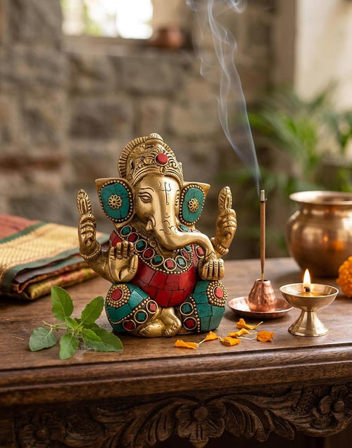 Brass Ganesha Idol 4.5-Inch – Multicolour Stone Inlay Ganpati Statue