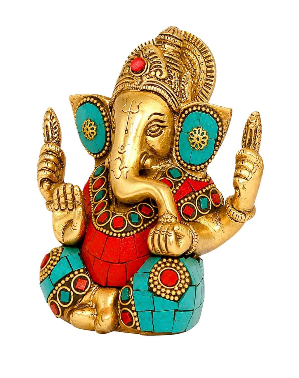 Brass Ganesha Idol 4.5-Inch – Multicolour Stone Inlay Ganpati Statue