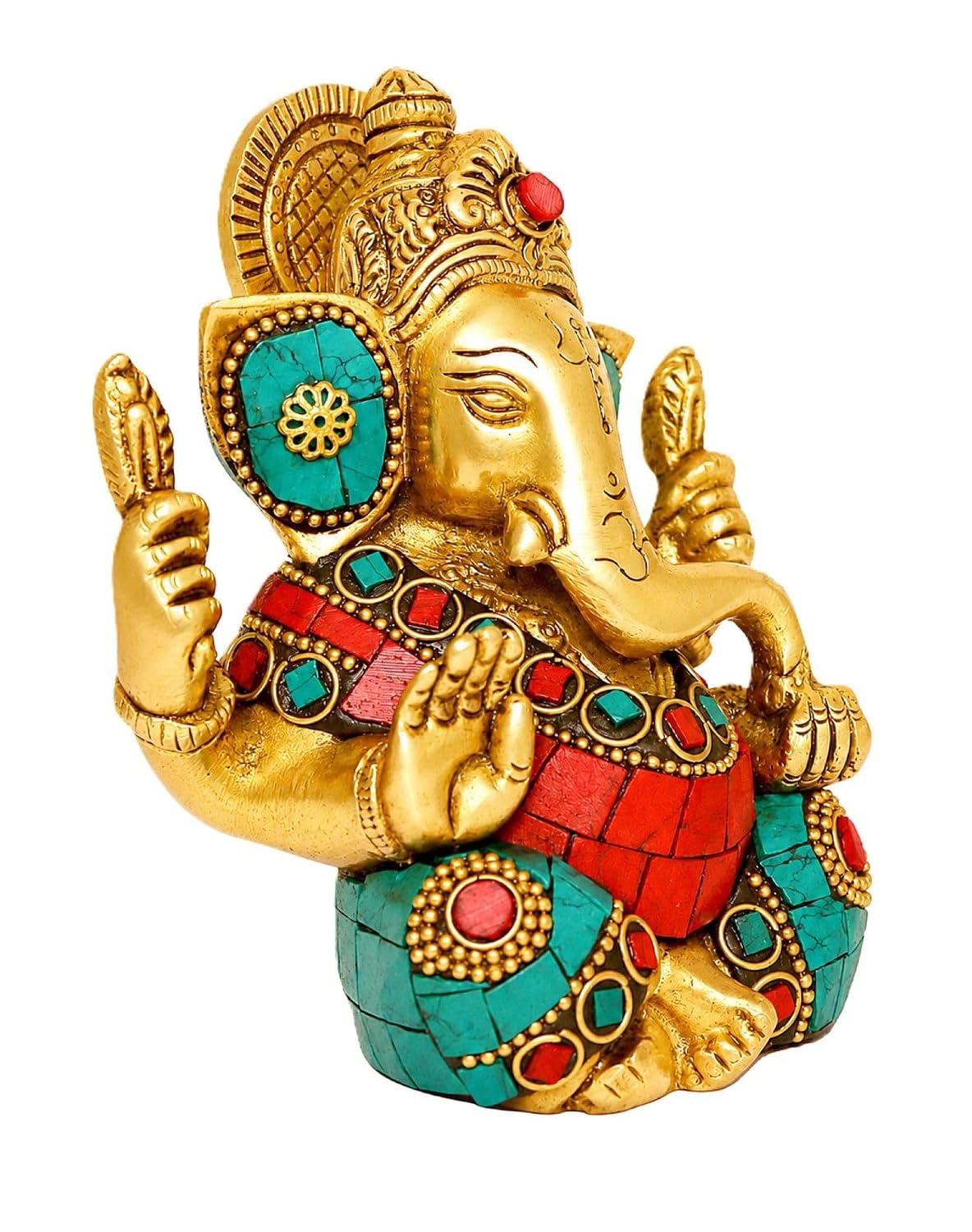 Brass Ganesha Idol 4.5-Inch – Multicolour Stone Inlay Ganpati Statue