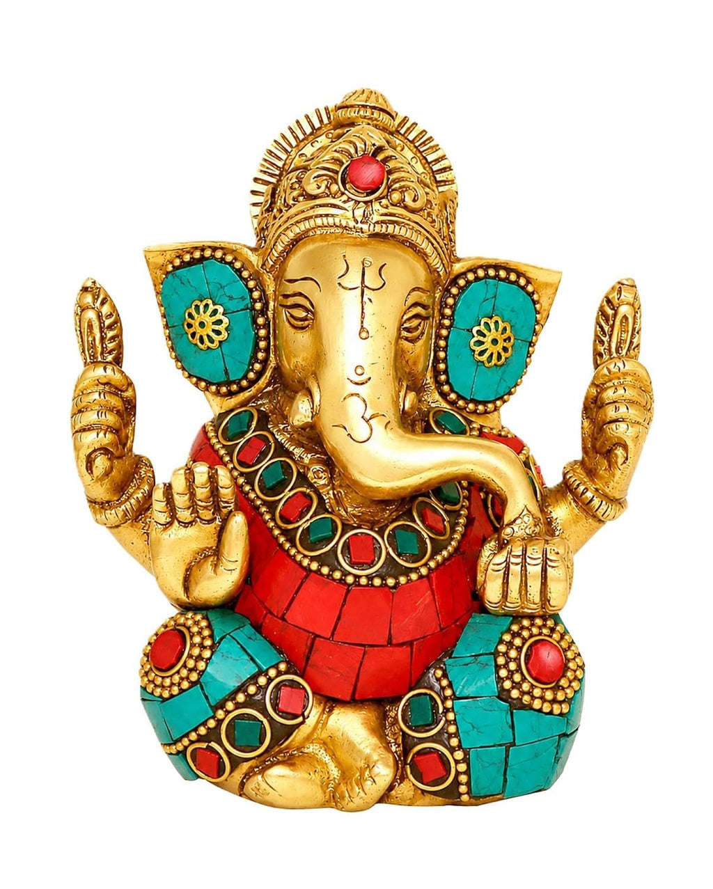 Brass Ganesha Idol 4.5-Inch – Multicolour Stone Inlay Ganpati Statue