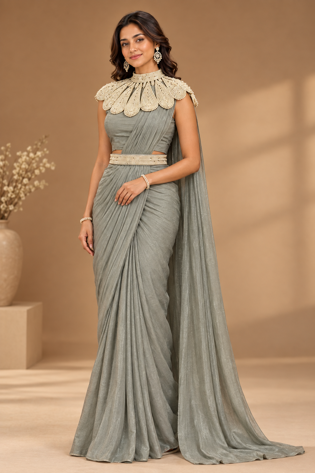DN-213 Soft Shimmer Saree – Sage Grey with Pearl-Embellished Blouse & Belt