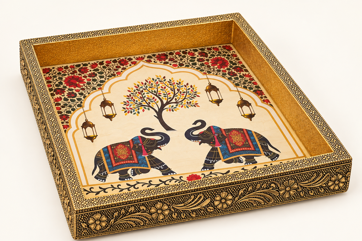 Wood Elephant Tray 8" X 8" Meenakari Design