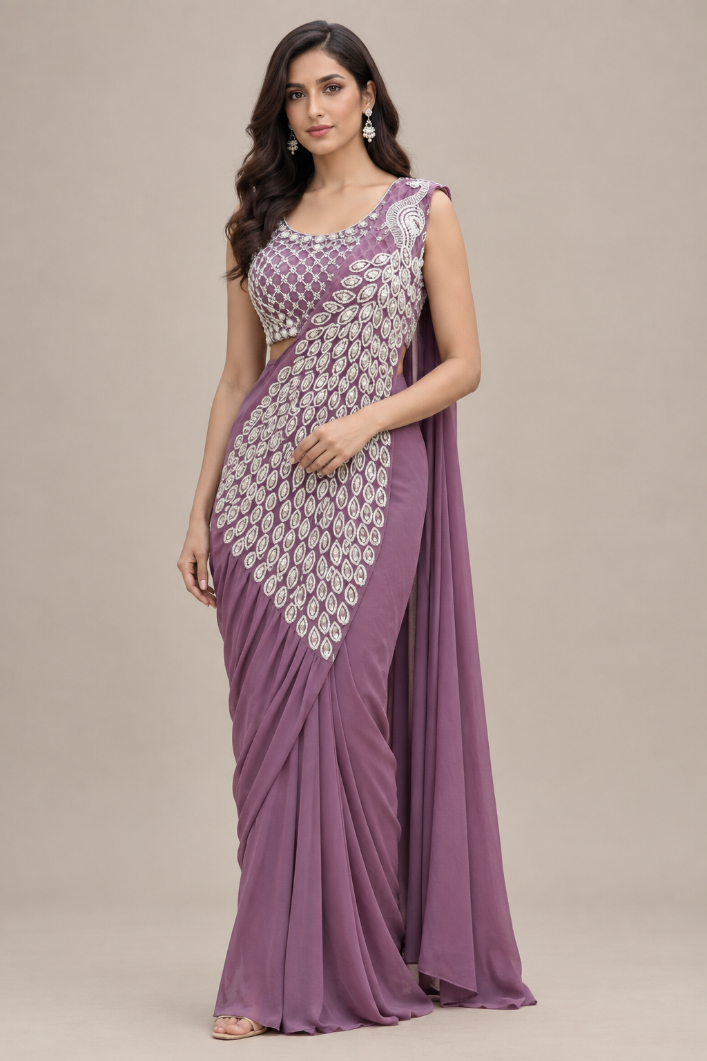 Prime 98 Ready-to-Wear Designer Saree – Peacock Embroidery | Available in Steel Blue, Teal & Dusty Mauve