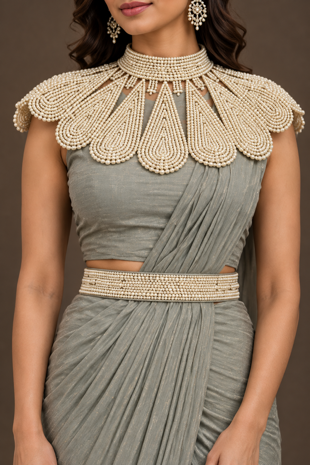 DN-213 Soft Shimmer Saree – Sage Grey with Pearl-Embellished Blouse & Belt
