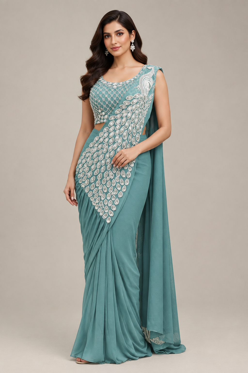 Prime 98 Ready-to-Wear Designer Saree – Peacock Embroidery | Available in Steel Blue, Teal & Dusty Mauve