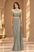 DN-213 Soft Shimmer Saree – Sage Grey with Pearl-Embellished Blouse & Belt