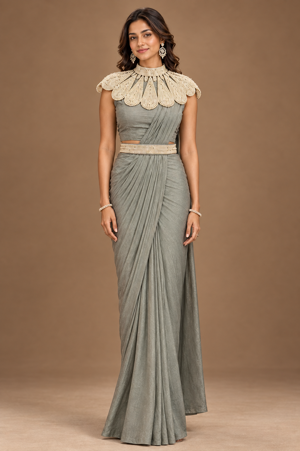 DN-213 Soft Shimmer Saree – Sage Grey with Pearl-Embellished Blouse & Belt