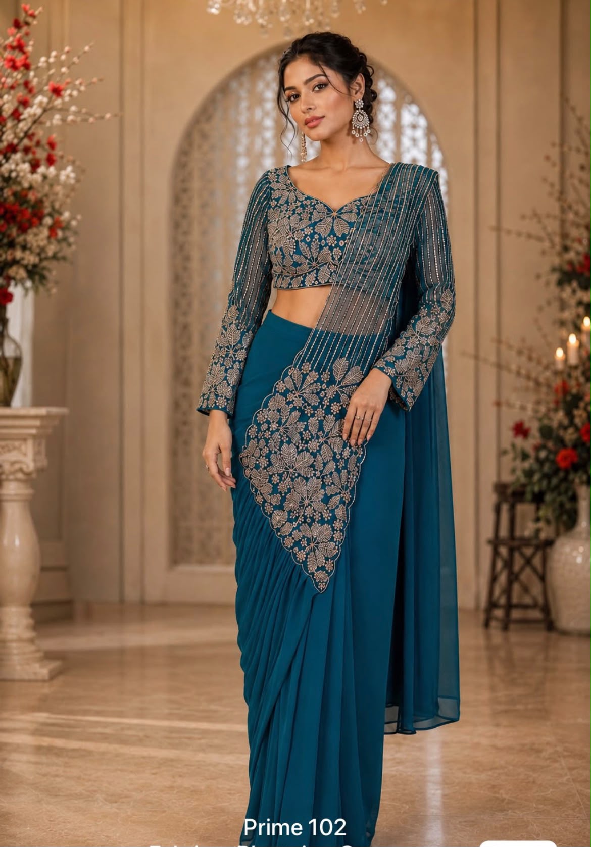 Prime 102 Ready-to-Wear Designer Saree – Teal Georgette with Embroidered Long Sleeve Blouse