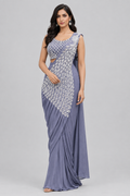 Prime 98 Ready-to-Wear Designer Saree – Peacock Embroidery | Available in Steel Blue, Teal & Dusty Mauve