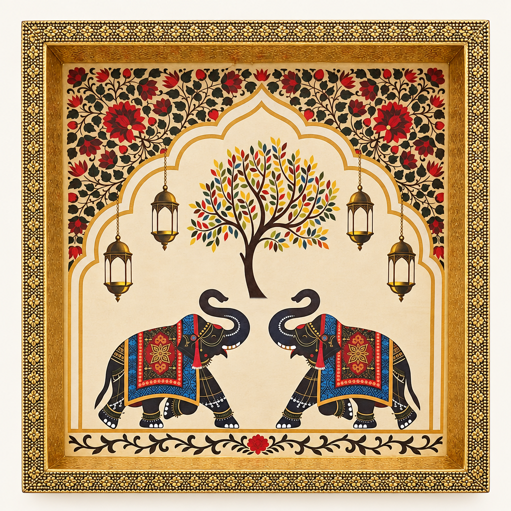 Wood Elephant Tray 8" X 8" Meenakari Design