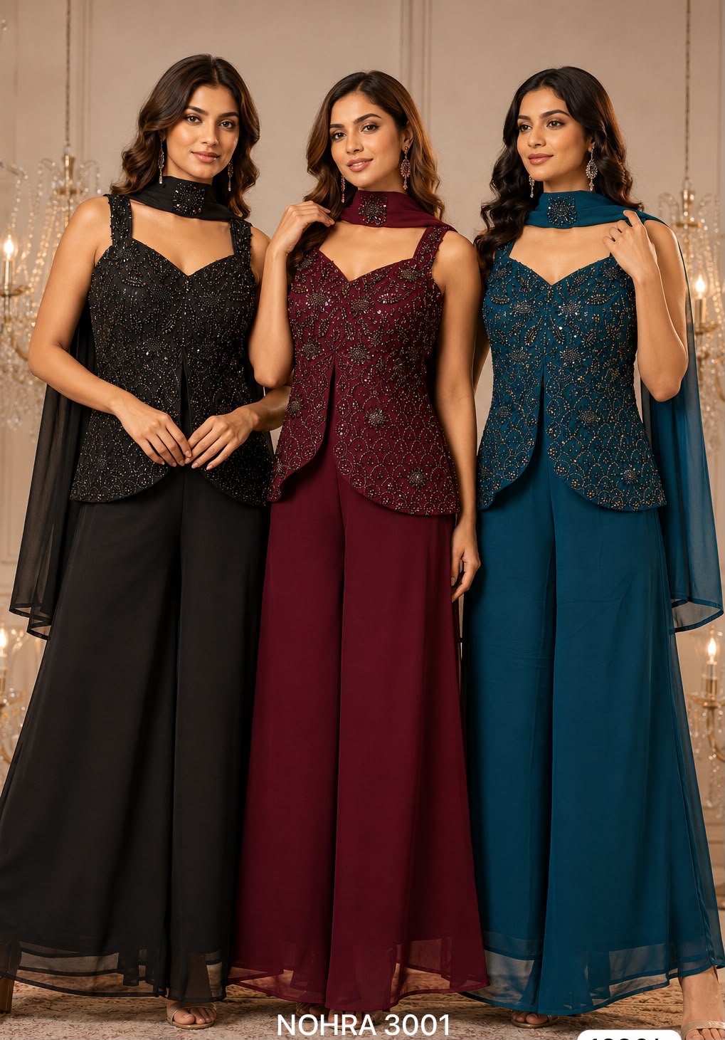 NOHRA 3001 Designer Co-ord Set – 3 Piece Embroidered Top, Wide-Leg Palazzo & Choker Dupatta | Blooming Georgette