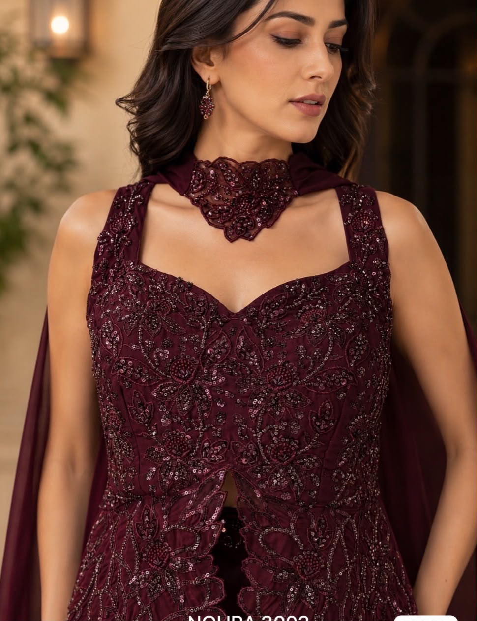NOHRA 3001 Designer Co-ord Set – 3 Piece Embroidered Top, Wide-Leg Palazzo & Choker Dupatta | Blooming Georgette