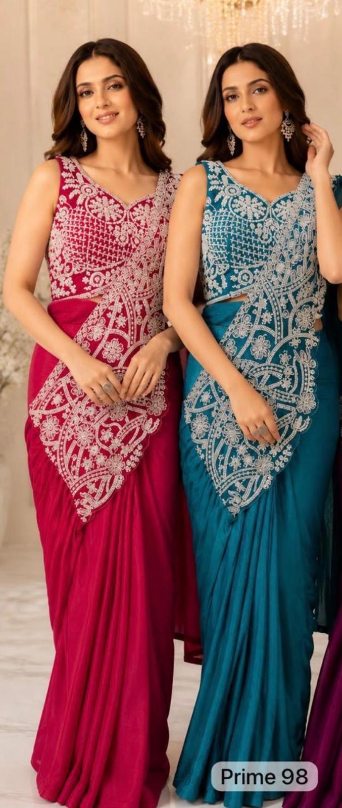 Prime 98 Hot Pink and Teal ready-to-wear sarees with heavy floral embroidery - original photo