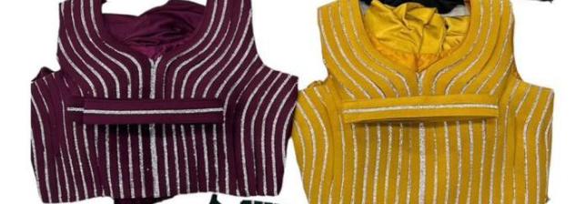 Maroon and yellow stone work blouses showing vertical silver stripe embellishment