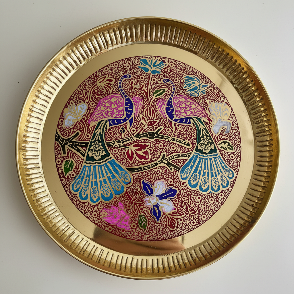Brass Meenakari Pooja Plate with Peacock Design – Handcrafted Indian Puja Thali (Dia 10 Inches)