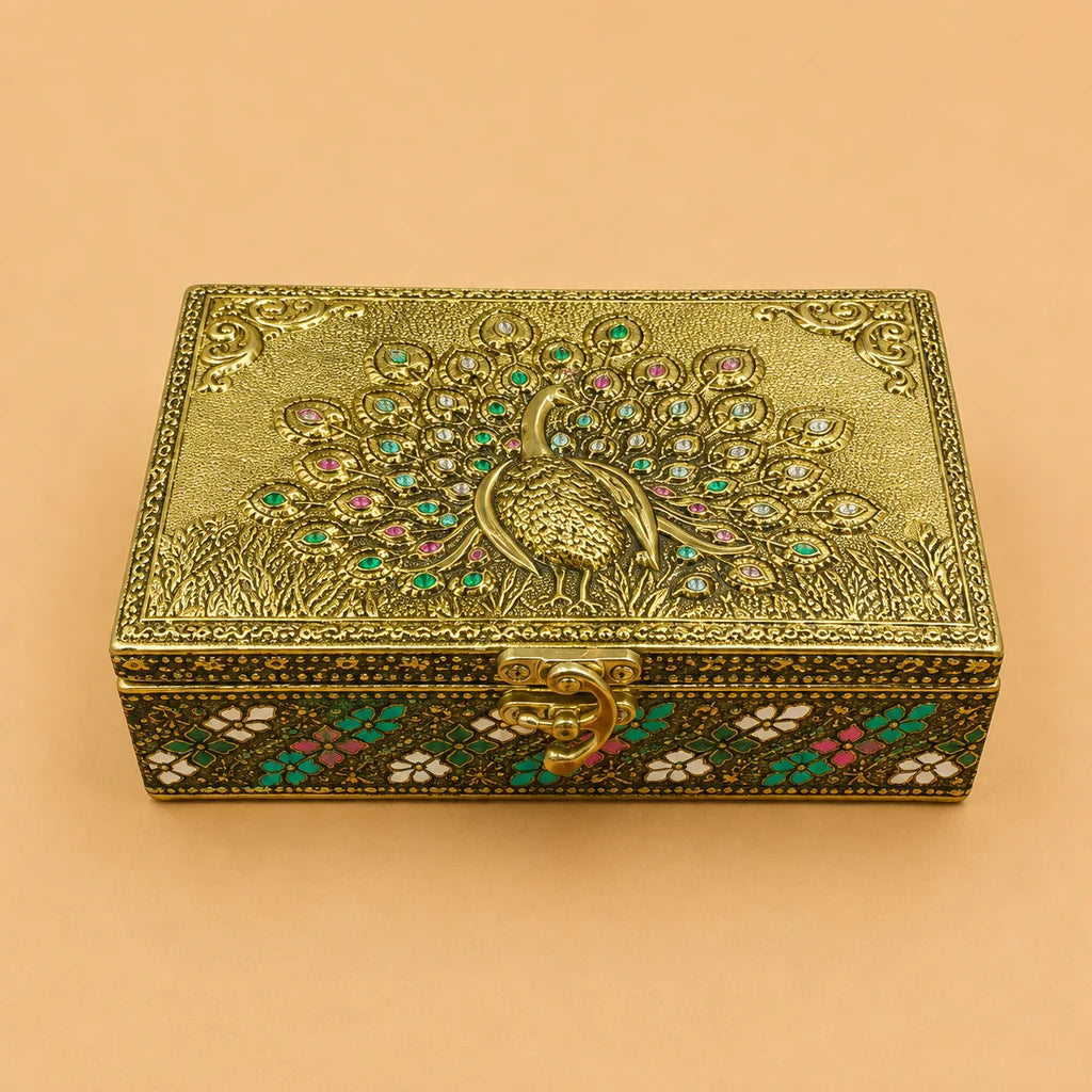 Copper Finish Peacock Wood Box 5" × 7" – Handcrafted Indian Décor & Gift Box