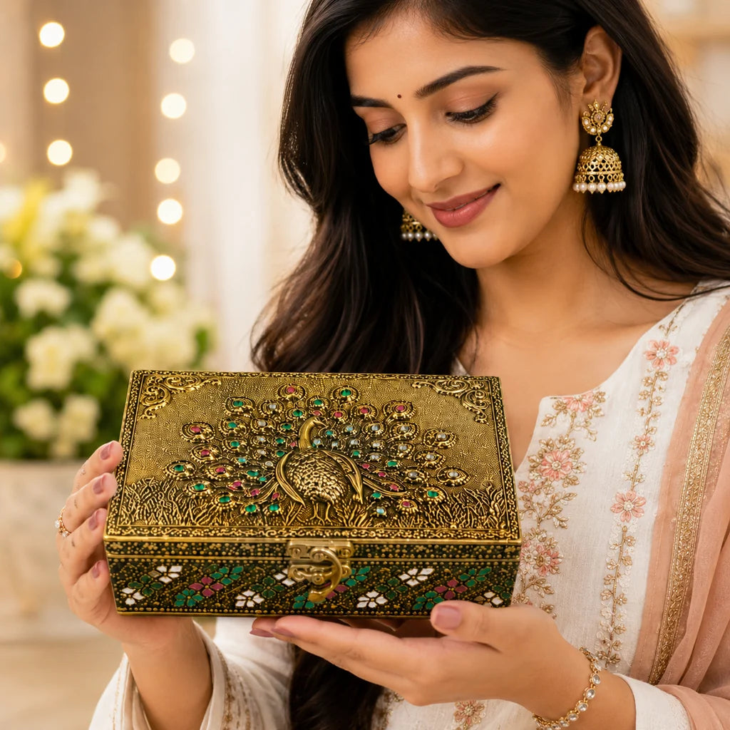 Copper Finish Peacock Wood Box 5" × 7" – Handcrafted Indian Décor & Gift Box
