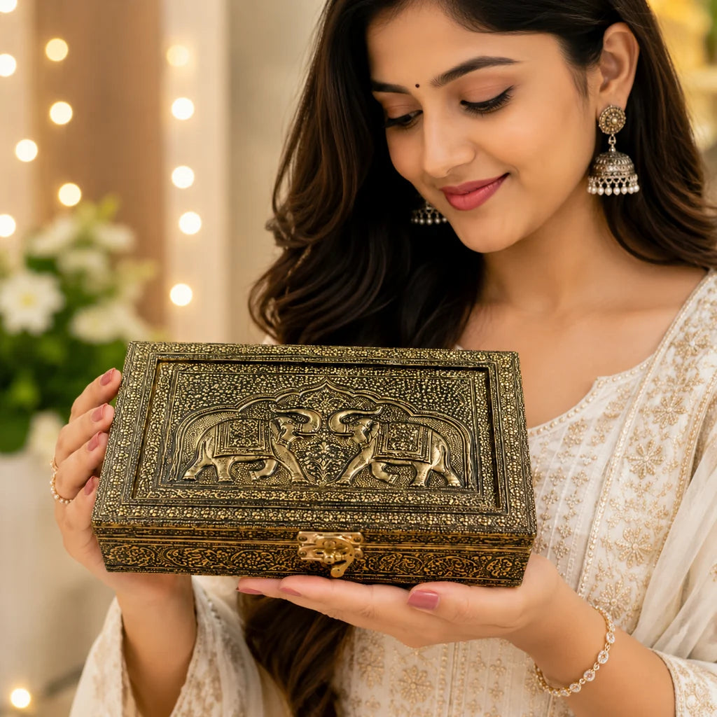 Elephant Embossed Wood Box 5" × 7" – Handcrafted Decorative Storage & Gift Box