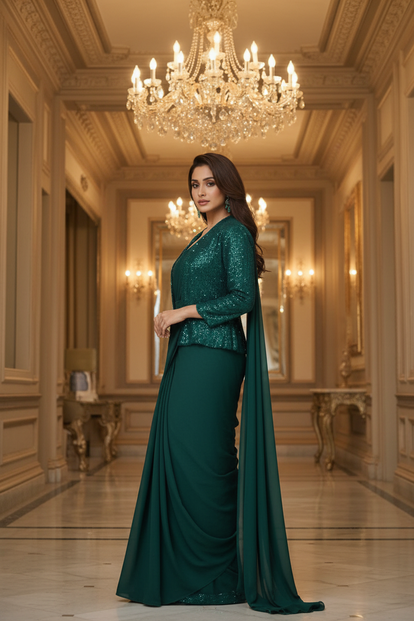 DNO-229 Ready-to-Wear Designer Saree with Sequin Embroidered Jacket | Emerald Green | Stitched Blouse Included