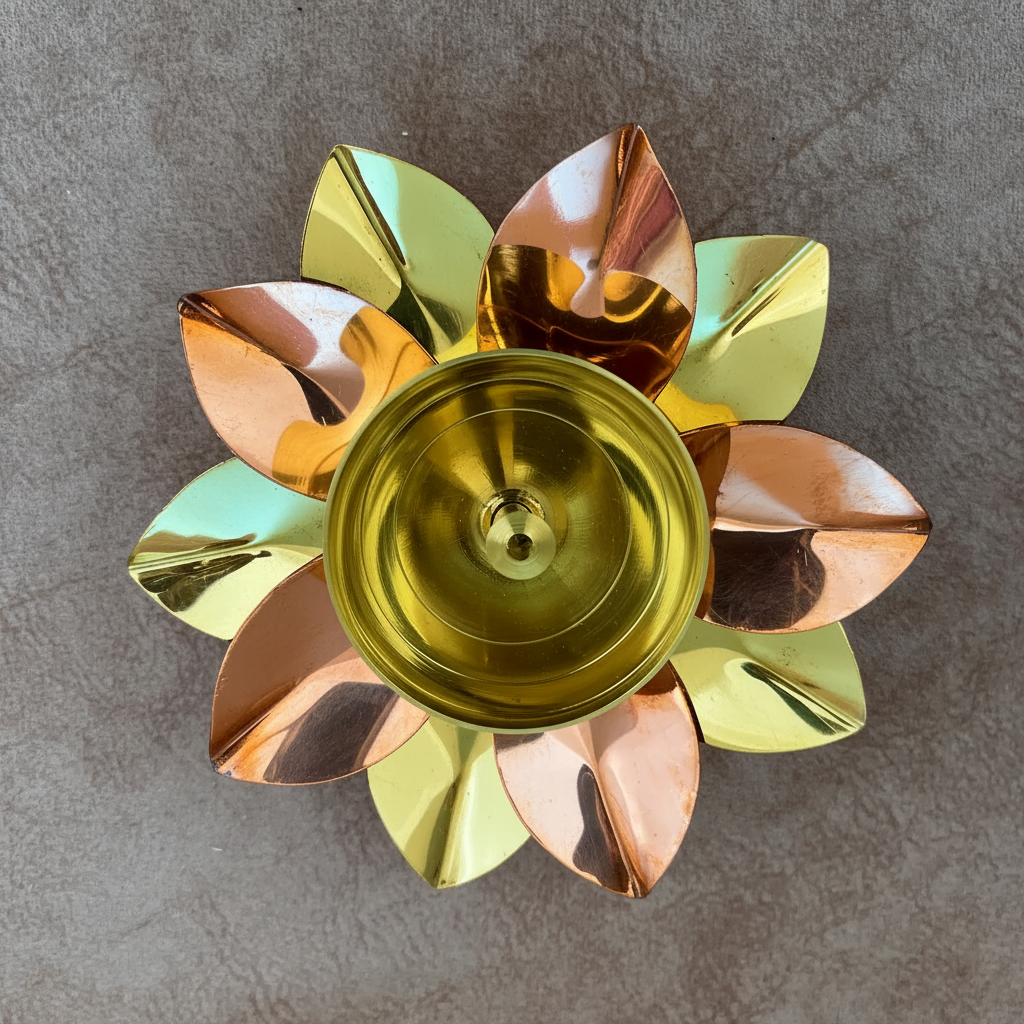 Brass & Copper Lotus Shape Akhand Diya / Oil Lamp – Handcrafted Kamal Diya