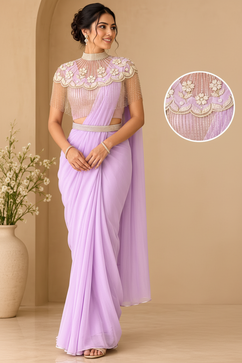 DN-213 Ready-to-Wear Designer Saree – Premium Fox Georgette with Stitched Embroidered Blouse