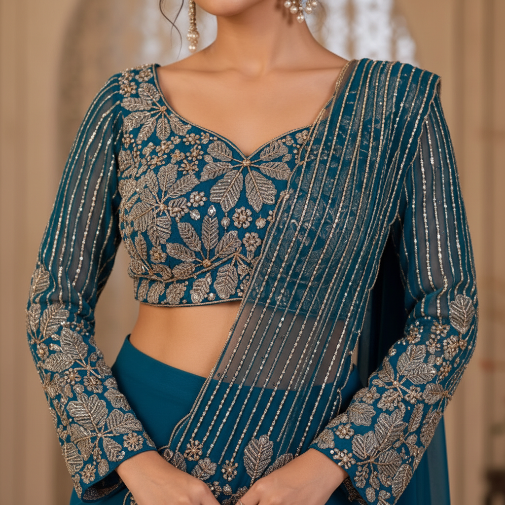 Prime 102 Ready-to-Wear Designer Saree – Teal Georgette with Embroidered Long Sleeve Blouse