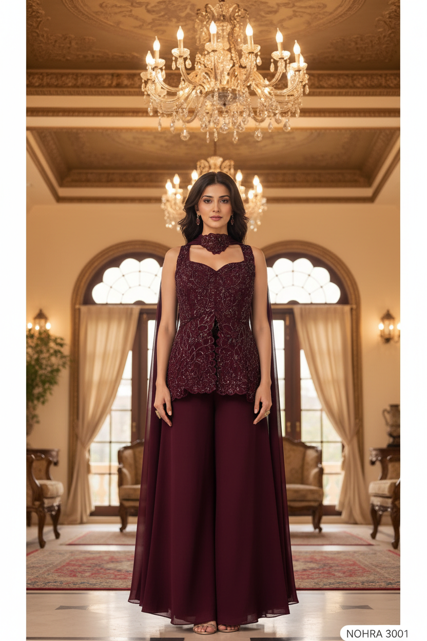 NOHRA 3001 Designer Co-ord Set – 3 Piece Embroidered Top, Wide-Leg Palazzo & Choker Dupatta | Blooming Georgette