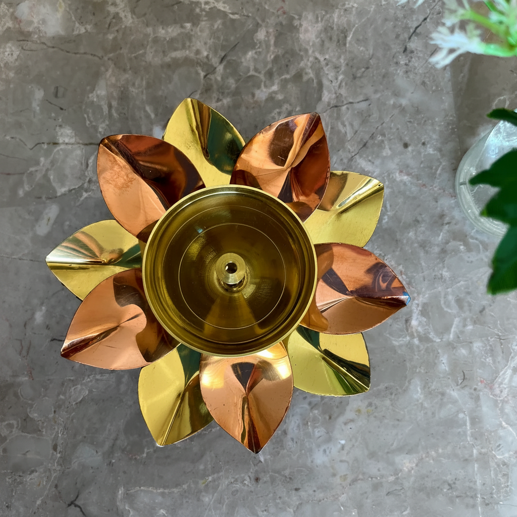 Brass & Copper Lotus Shape Akhand Diya / Oil Lamp – Handcrafted Kamal Diya