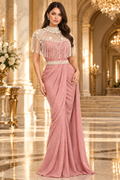 DN-213 Ready-to-Wear Designer Saree – Dusty Rose Pink | Pearl Fringe Blouse | Pre-Draped