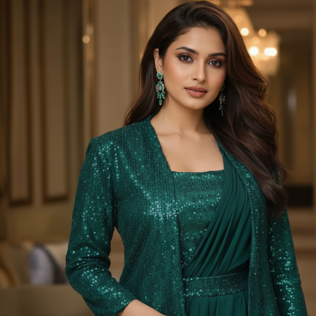 DNO-229 Ready-to-Wear Designer Saree with Sequin Embroidered Jacket | Emerald Green | Stitched Blouse Included
