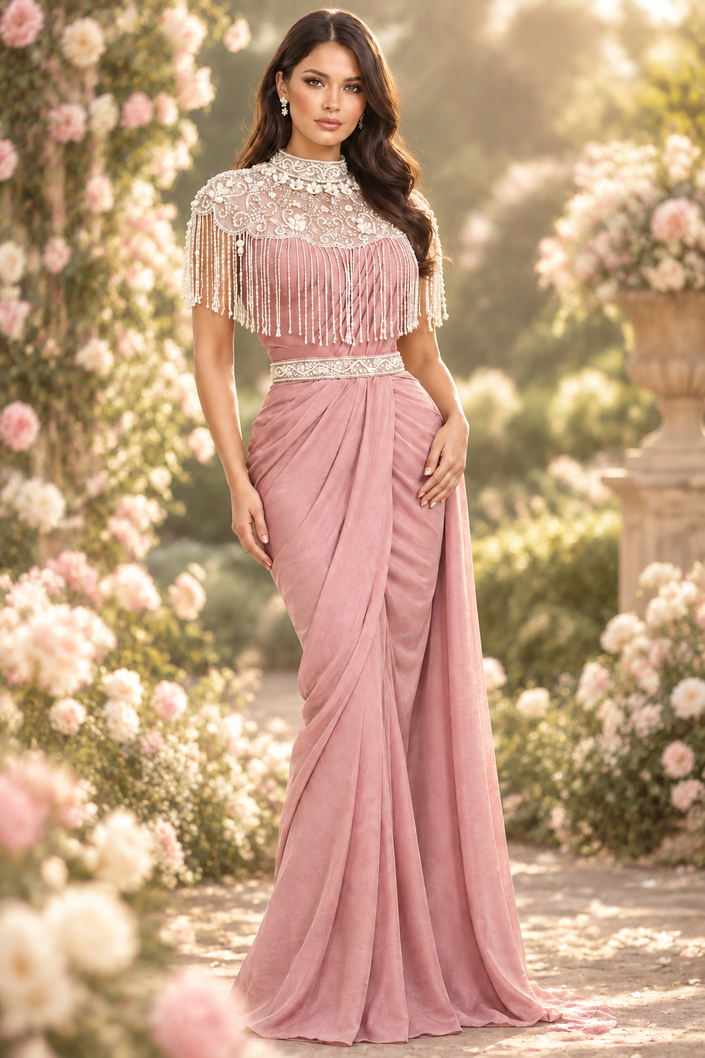 DN-213 Ready-to-Wear Designer Saree – Dusty Rose Pink | Pearl Fringe Blouse | Pre-Draped