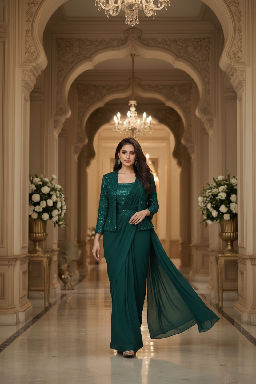 DNO-229 Ready-to-Wear Designer Saree with Sequin Embroidered Jacket | Emerald Green | Stitched Blouse Included