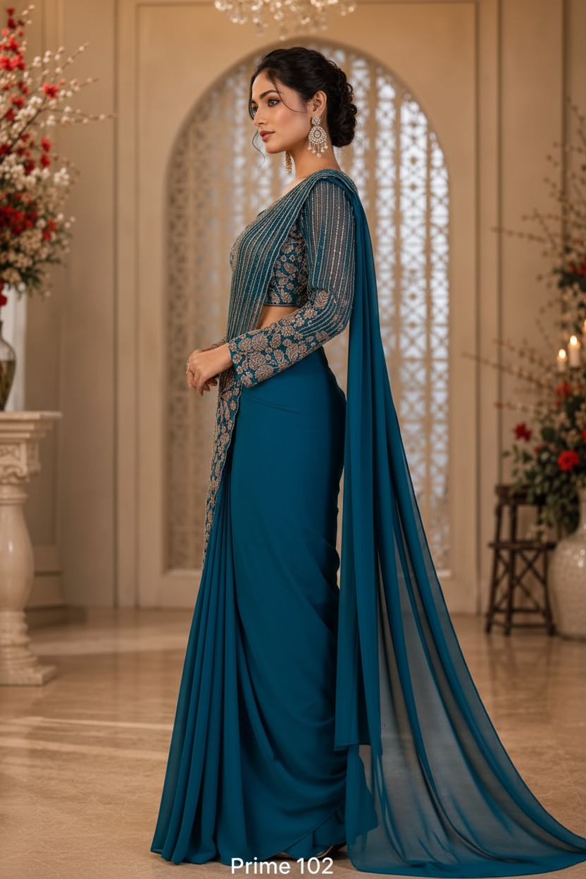 Prime 102 Ready-to-Wear Designer Saree – Teal Georgette with Embroidered Long Sleeve Blouse