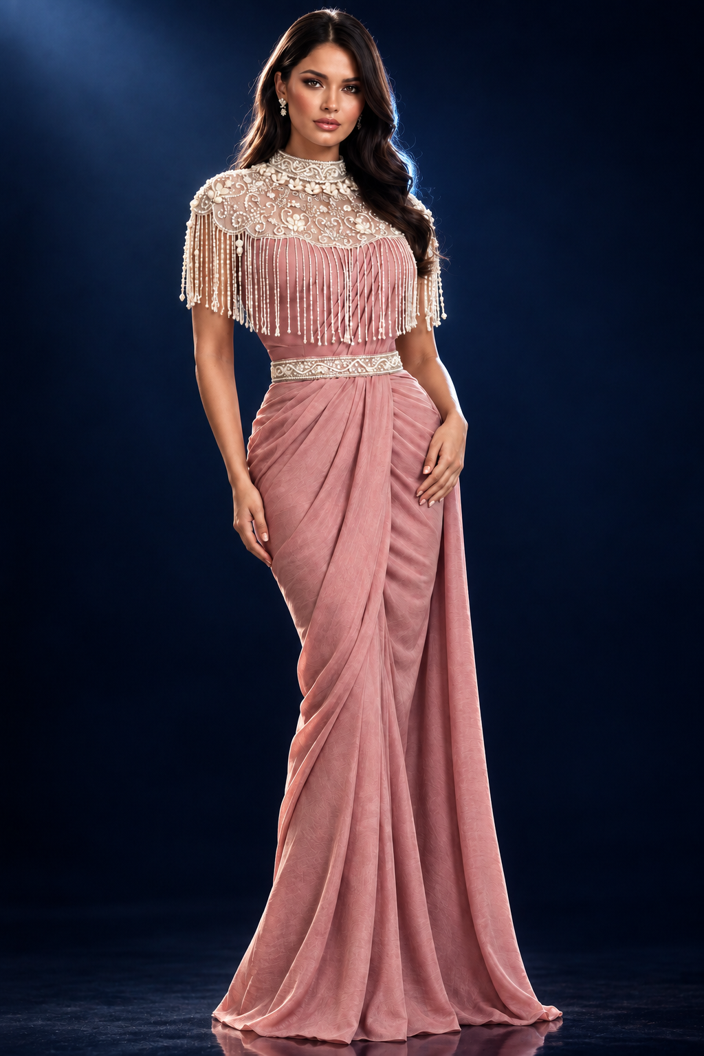 DN-213 Ready-to-Wear Designer Saree – Dusty Rose Pink | Pearl Fringe Blouse | Pre-Draped