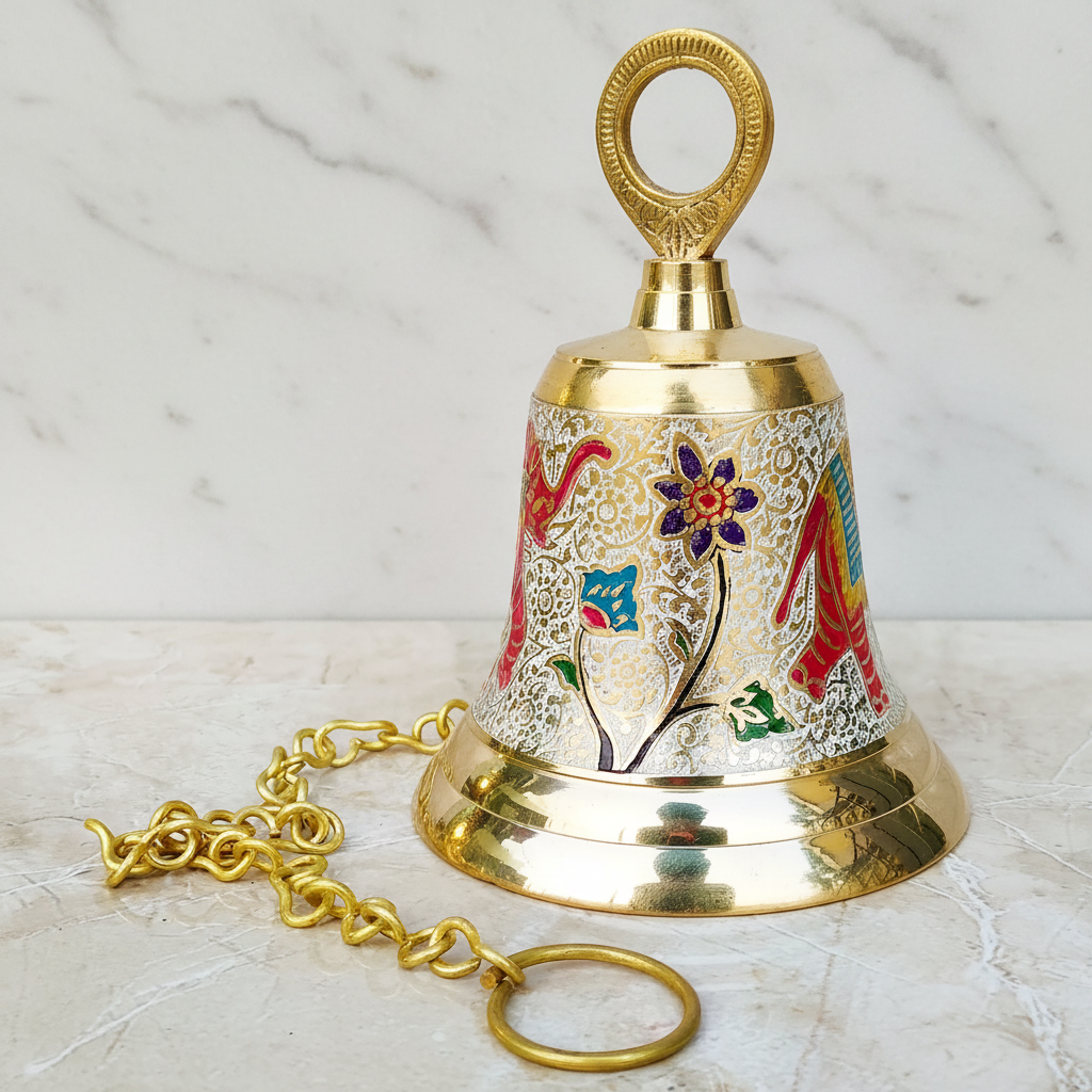 Brass Temple Puja Bell With Handle – Handcrafted Meenakari Ghanta for Mandir