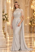 DN-213 Ready-to-Wear Designer Saree – Silver Grey | Pearl Fringe Blouse | Pre-Draped