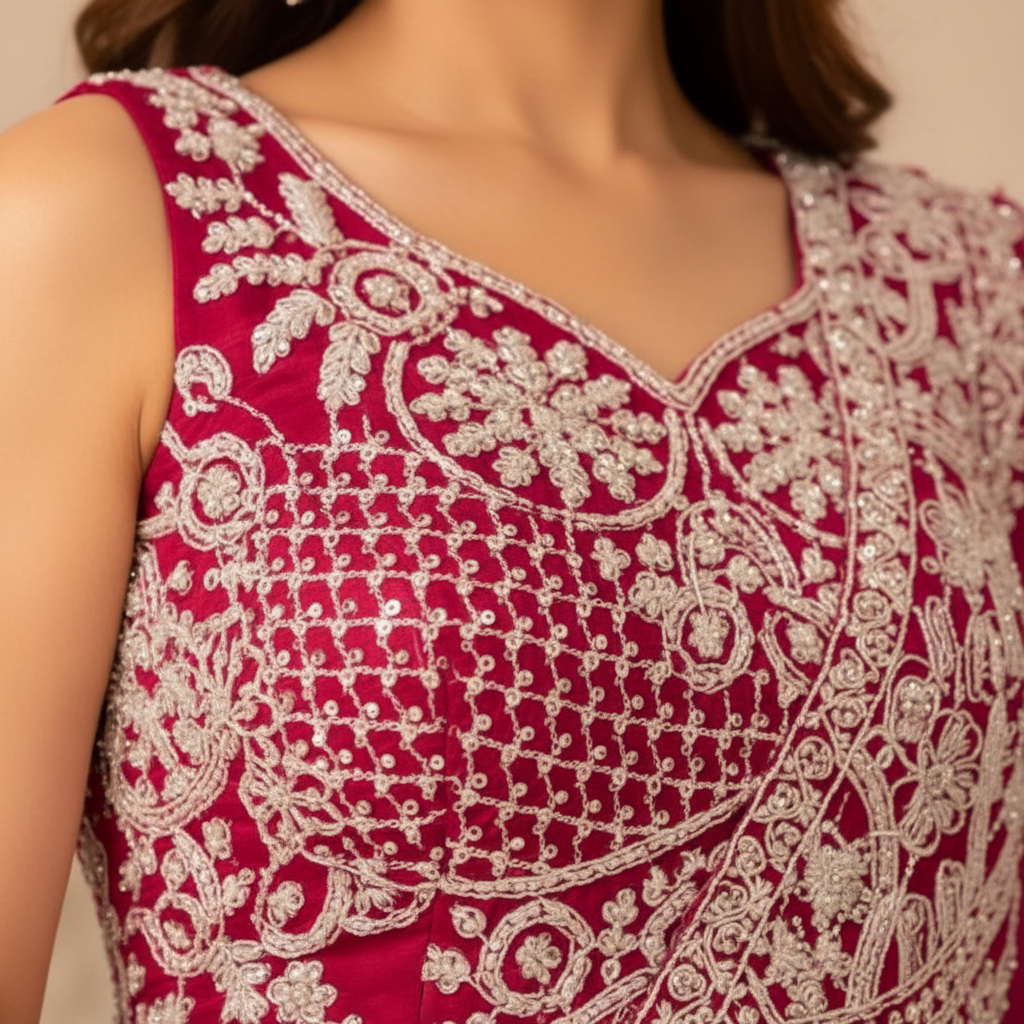 Prime 98 Hot Pink blouse shoulder embroidery macro close-up