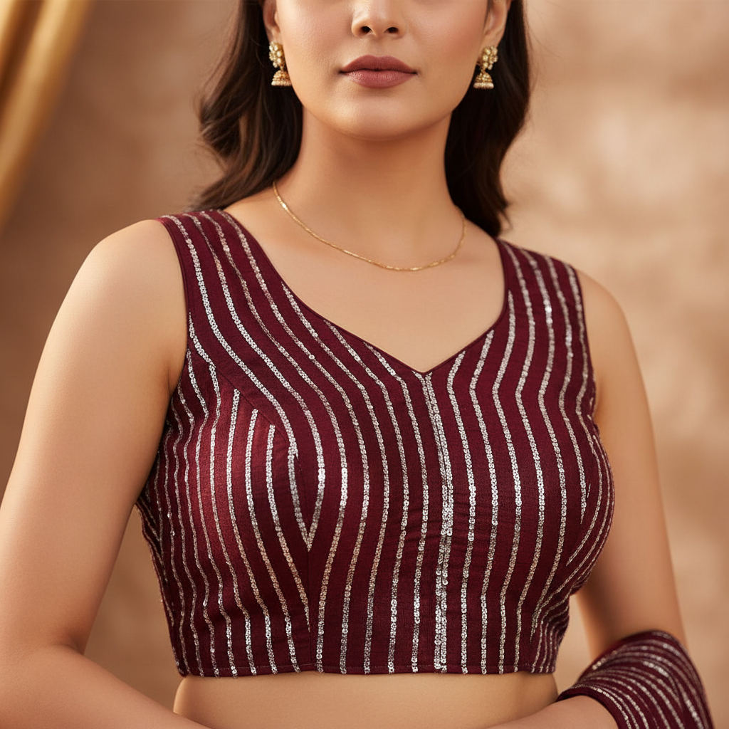 Maroon blouse silver vertical stone stripe close-up detail