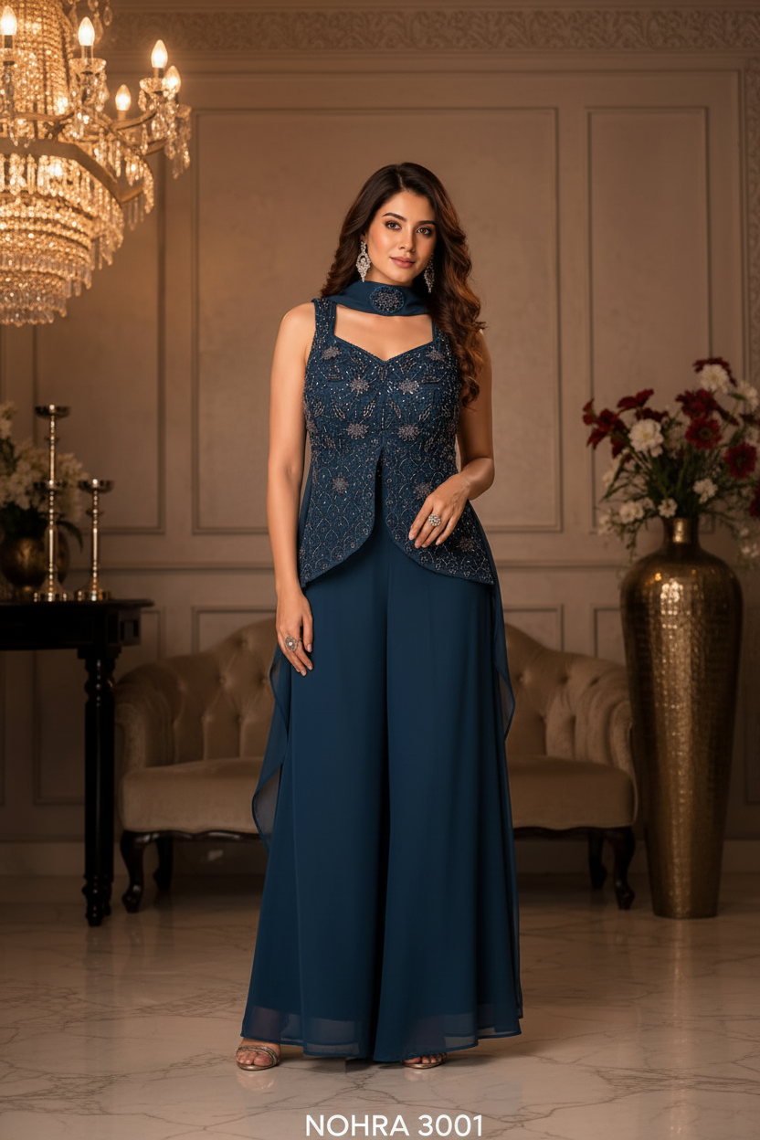 NOHRA 3001 Designer Co-ord Set – 3 Piece Embroidered Top, Wide-Leg Palazzo & Choker Dupatta | Blooming Georgette