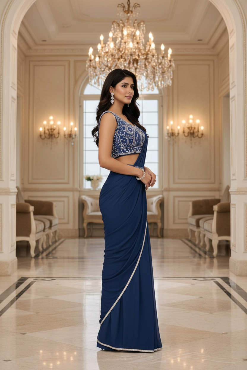 DN-304 Navy Blue side profile showing graceful saree drape