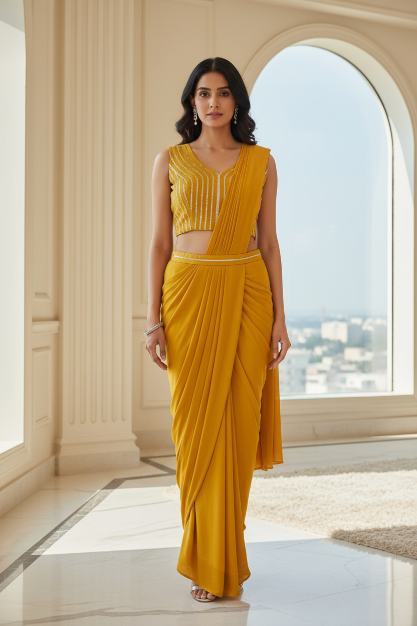 Yellow ready-to-wear saree with silver vertical stone work blouse full length