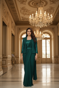 DNO-229 Ready-to-Wear Designer Saree with Sequin Embroidered Jacket | Emerald Green | Stitched Blouse Included