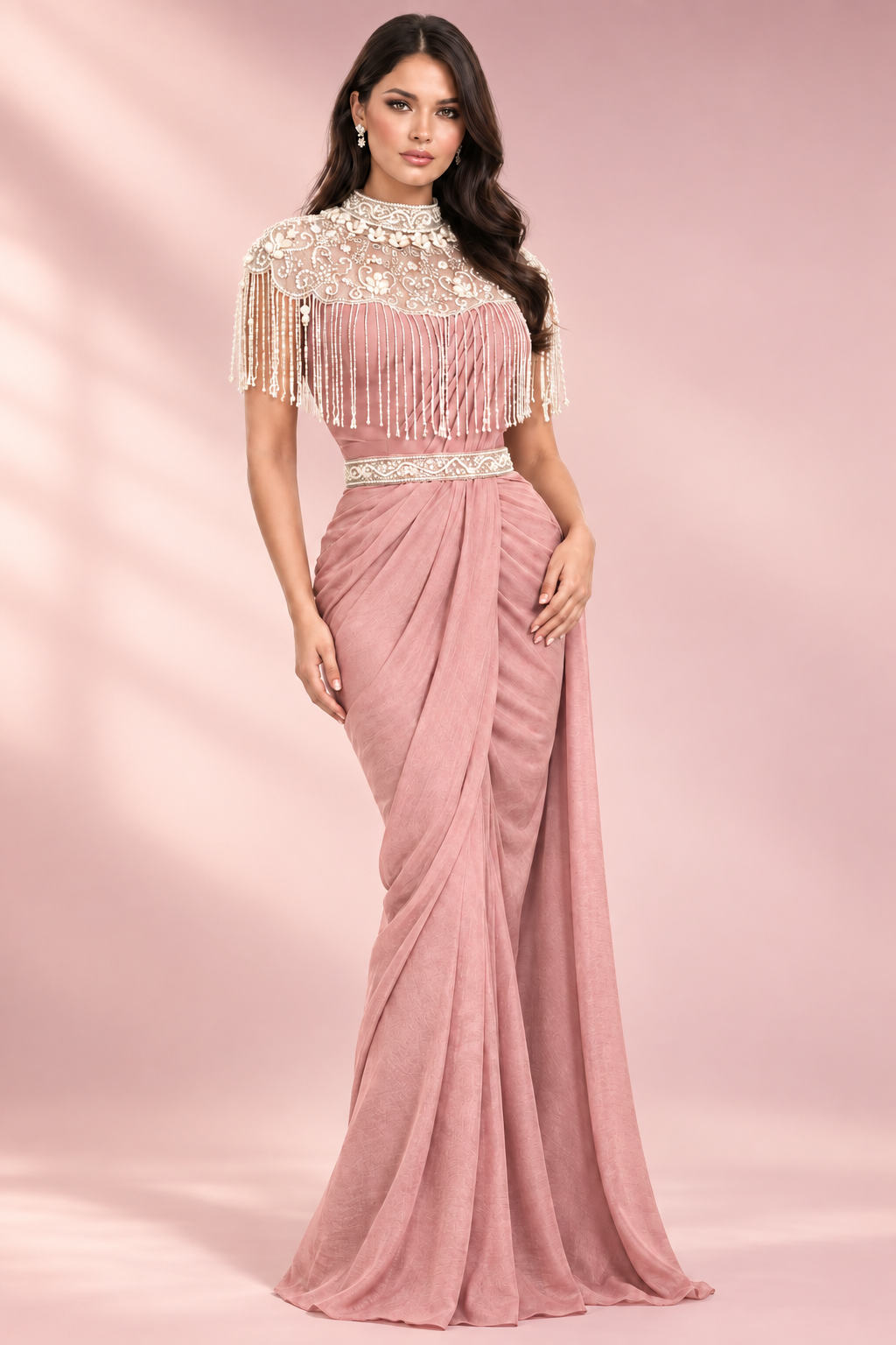 DN-213 Ready-to-Wear Designer Saree – Dusty Rose Pink | Pearl Fringe Blouse | Pre-Draped