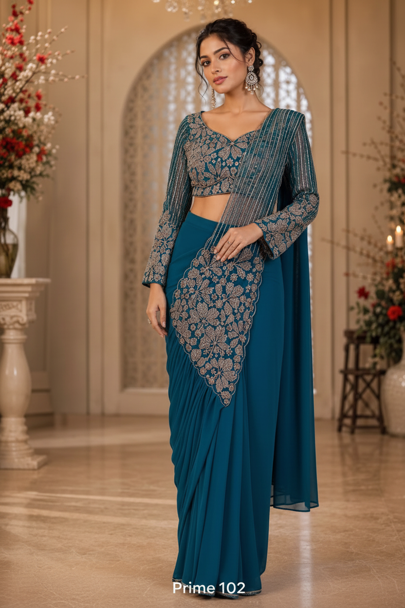 Prime 102 Ready-to-Wear Designer Saree – Teal Georgette with Embroidered Long Sleeve Blouse
