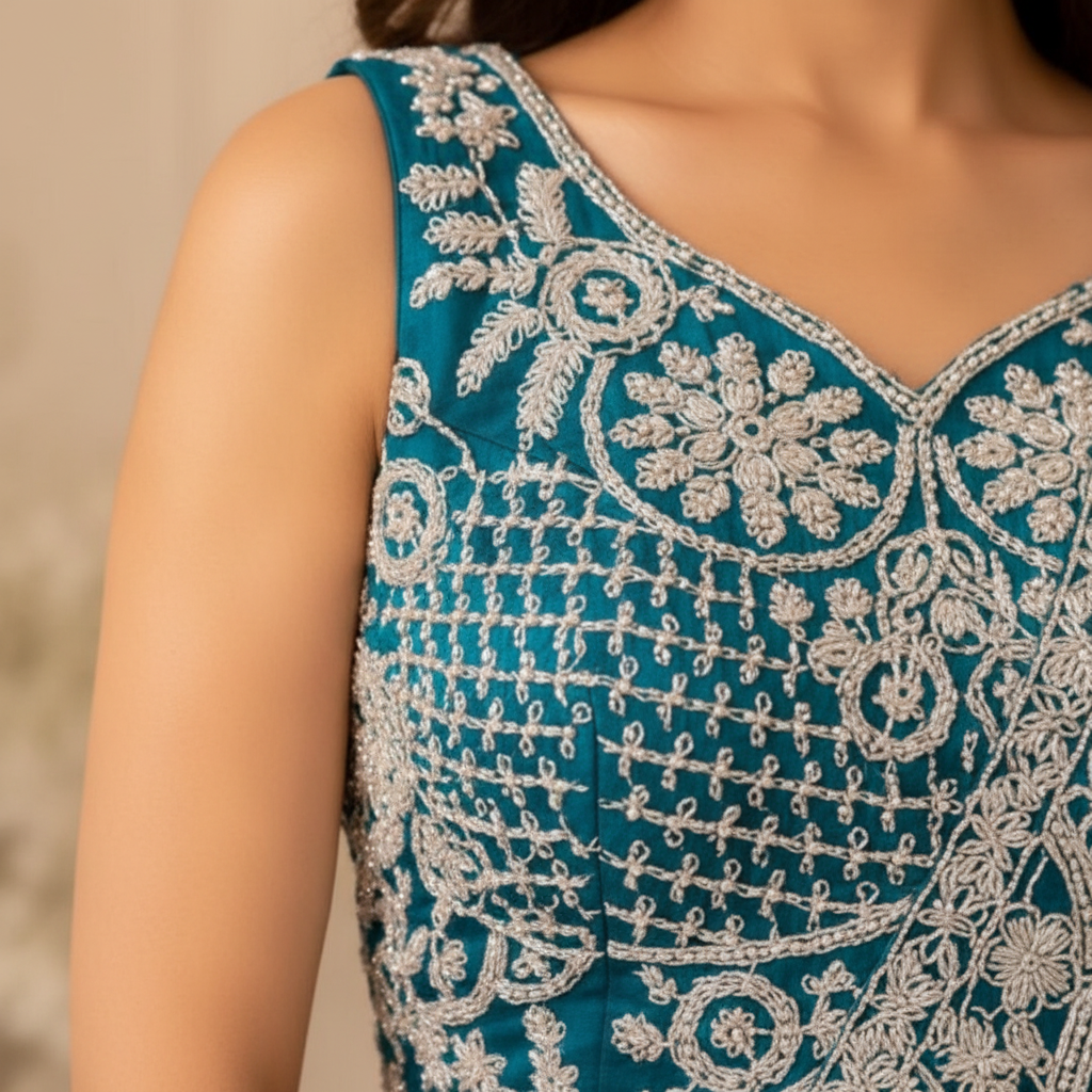 Prime 98 Teal blouse shoulder embroidery macro close-up