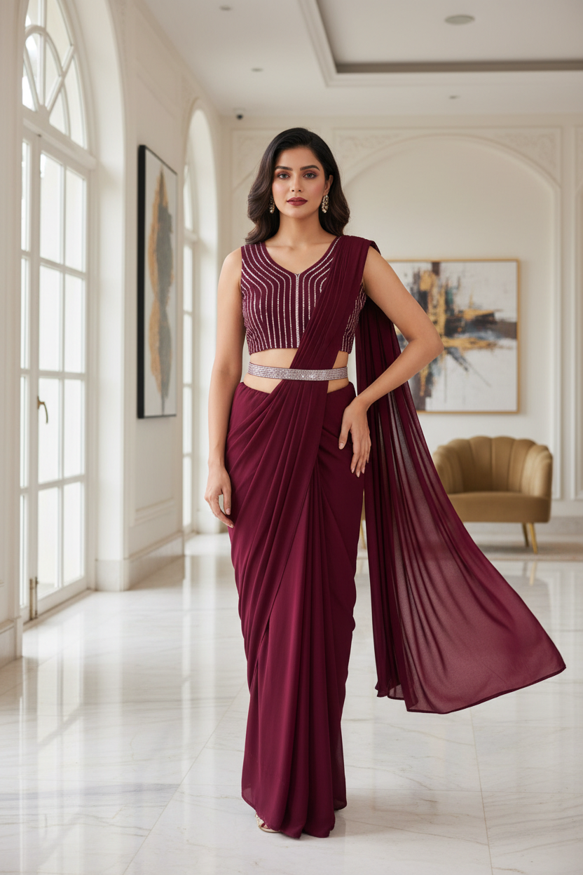 Maroon ready-to-wear saree with silver vertical stone work blouse full length