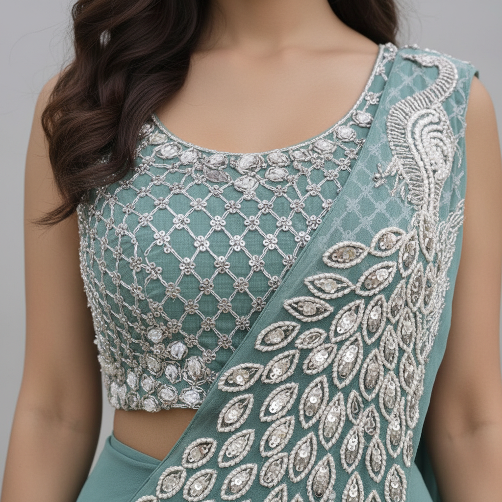 Prime 98 teal saree peacock embroidery shoulder close-up