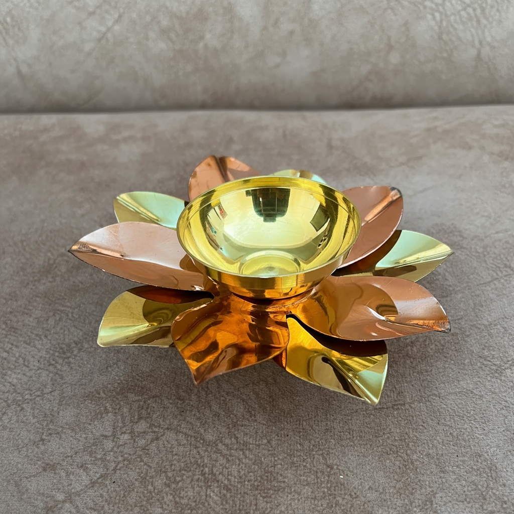 Brass & Copper Lotus Shape Akhand Diya / Oil Lamp – Handcrafted Kamal Diya