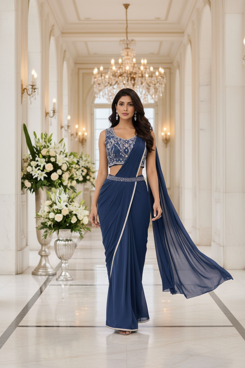 DN-304 Navy Blue walking editorial shot in palace corridor