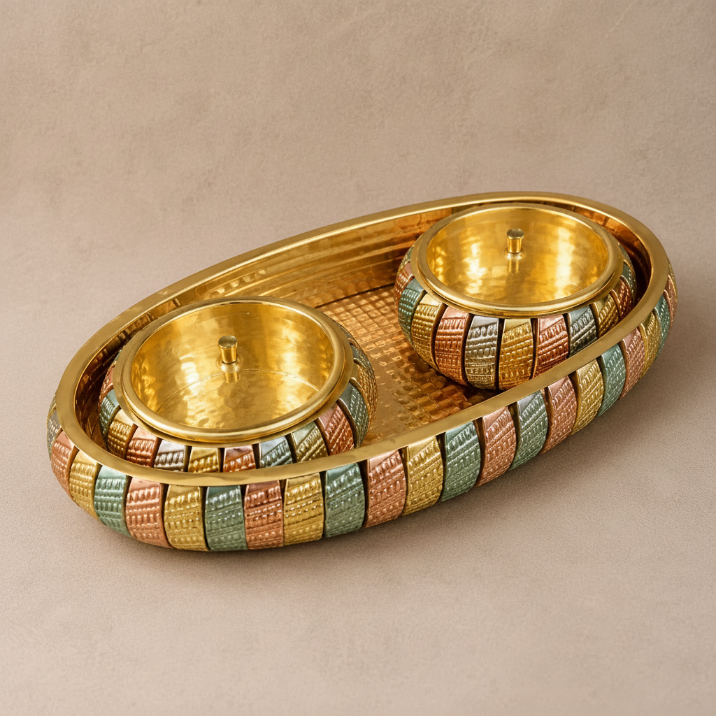Handcrafted brass and copper gift tray set with two lidded bowls and mosaic tile pattern